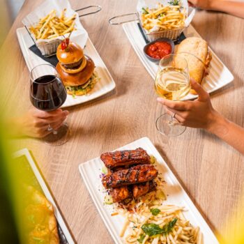 a table with food and drinks on it