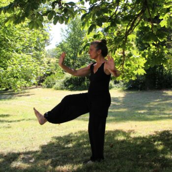 woman in black sleeveless dress standing under green tree during daytime