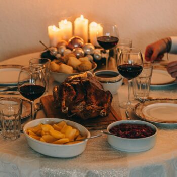 a table with food and drinks on it